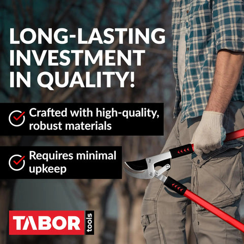 Bypass Lopper With Compound Action 30 Inch Tree Trimmer held by person wearing gloves, red handles visible