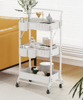 Three-Tier Folding Rolling Utility Cart With Wheels Foldable Storage Organizer With Three Hanging Cups And Six Hooks for home use
