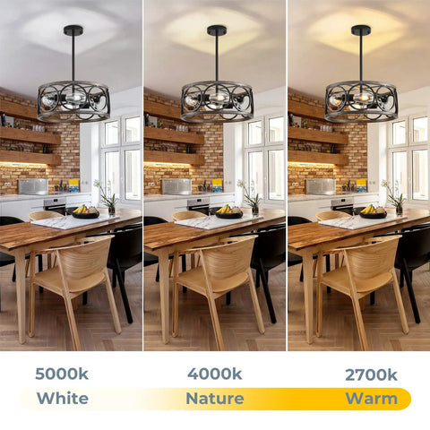Farmhouse Semi Flush Mount Ceiling Light With Open Drum Frame Modern Dimmable LED Fixture In Dope Black Finish And Antique Wood Grain Metal Construction Ideal For Kitchen Island Dining Room Or Entryway with adjustable color temperature in kitchen setting.