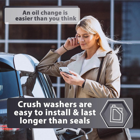 Woman holding phone near car with text about easy oil change and crush washers from 15 Pc Oil Drain Plug Crush Rubber Washer Gasket Seal Kit 14mm Replacement For Mopar Vehicles 2003 To 2023 Chrysler Dodge Jeep Fiat Ram OEM Grade Leak Free Performance Heavy Duty Oil Pan Drain Seals.