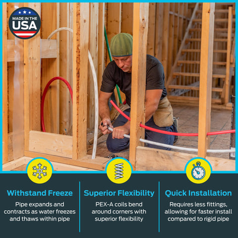 Worker installing 1 Inch White PEX A Flexible Water Tubing 100 Foot Roll for Potable Plumbing Easy Install Around Corners