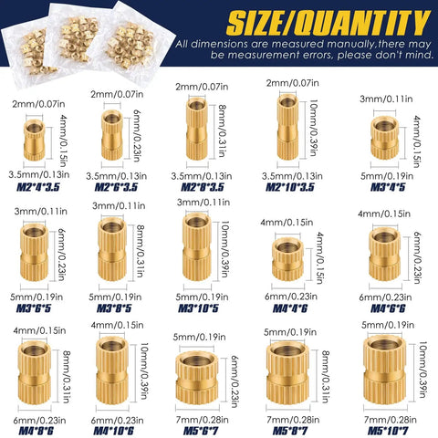 Heavy Duty Brass Knurled Threaded Inserts Kit For Plastic Injection Molding M2 M3 M4 M5 Heat Set Female Thread Nuts 500Pcs Metric Ultra Strong Bond For Nylon PLA And 3D Printed Parts size chart and quantity