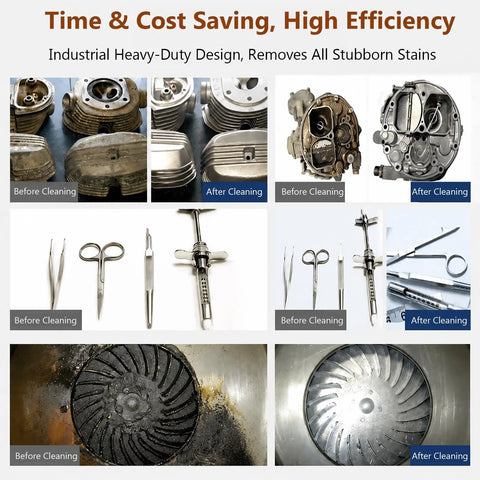Hype this 6.5L Digital Ultrasonic Cleaner! Before and after images of cleaned metal parts and tools, showing significant grime removal.