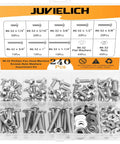 240 Piece 6-32 Stainless Steel Phillips Pan Head Machine Screw Assortment Kit With Nuts And Washers, Fully Threaded, 8 Sizes.