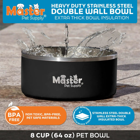 Game Changer Rock Solid Extra Thick Stainless Steel Dog Bowl 64 Oz Large Heavy Duty Pet Water And Food Dish with water splashing