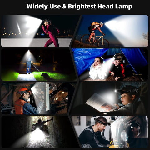Rechargeable High Lumen Headlamp With 7 Modes in use for cycling, hiking, camping, and work, showcasing adjustable beam and IP67 waterproof