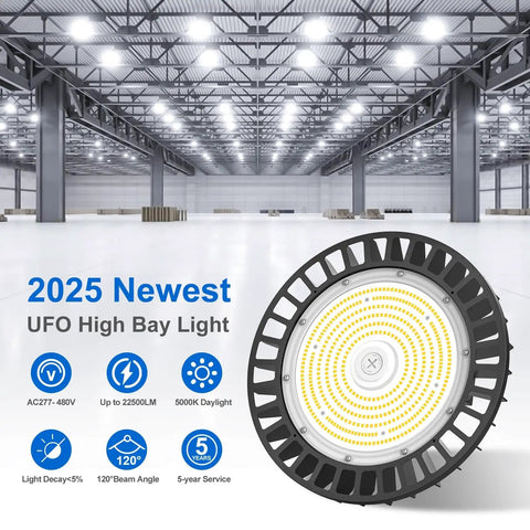 Front view of 3 Pack 480V LED High Bay Light UFO Industrial Shop Light 150W 120W 90W Adjustable ETL Listed 5000K IP65 Waterproof