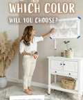 Woman choosing color for Art Deco Cranes Wall Stencils 2 Pack Large 16.7 By 22.5 Inch Boho Pattern For Painting Walls Modern Home Decor DIY