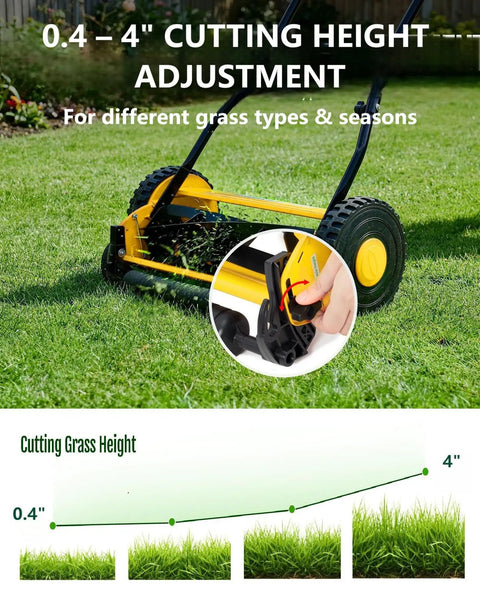 14 Inch Hand Push Reel Lawn Mower With 5 Blade Reel For Precision Scissor Like Cut, Easy To Use Manual Reel Mower With Adjustable Cutting Height 0.4 To 4 Inches, Fits 14 Or 16 Inch Yard Width For Small Yards, height adjustment close-up