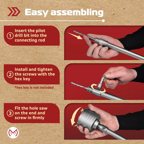Instructions for assembling Heavy Duty Concrete Hole Saw Kit With Sds Plus And Max Adapters Pro Masonry Drill Bit Set for drilling.