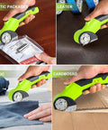 Rechargeable Cordless Electric Scissors With Sharp High Carbon Steel Blades And A Bright LED Light cutting leather, plastic, cardboard, and fabric.