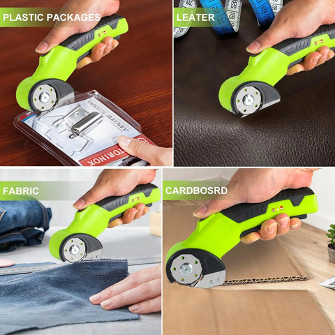 Rechargeable Cordless Electric Scissors With Sharp High Carbon Steel Blades And A Bright LED Light cutting leather, plastic, cardboard, and fabric.