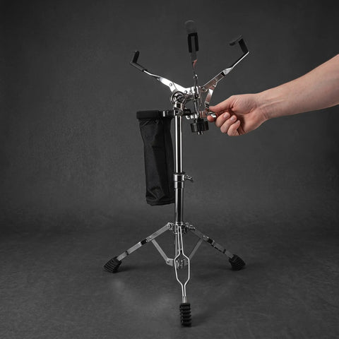 Killer Double Braced Snare Drum Stand With Stick Sleeve, Fast Height Tune Up From Sixteen To Twenty Two Inches, adjusting height.