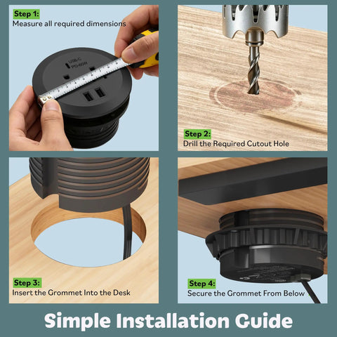 Installation steps for GaN Desk Grommet Power Hub With 65W USB C PD 2 USB A Ports And Duplex Outlet in desk.