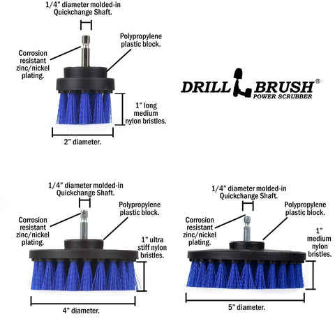 Diagram of Powerful Drill Brush Hull Cleaner Kit for Fiberglass Boats with 2-inch, 4-inch, and 5-inch blue round brushes.