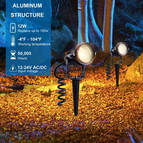 Low Voltage Landscape Lights Kit With Transformer And Timer, 12W 12-24V Outdoor LED 3000K Waterproof Garden Pathway Lights, ETL Listed, Includes Wire Connectors And Cord, 10 Pack, illuminating a garden at night.