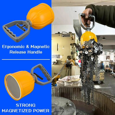 Powerful Magnetic Pickup Tool With Quick Release Lifter collecting metal scraps in workshop