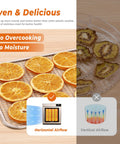 Heavy Duty Five Tray Electric Food Dehydrator With Digital Timer And Temp Control Up To 176 Degrees Fahrenheit showing dried orange and kiwi slices.