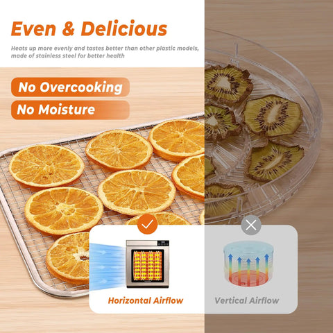 Heavy Duty Five Tray Electric Food Dehydrator With Digital Timer And Temp Control Up To 176 Degrees Fahrenheit showing dried orange and kiwi slices.