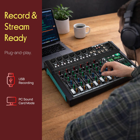 Ten Channel Studio DJ Mixer With Bluetooth And XLR Combo Mic Inputs USB MP3 Playback PC Recording DSP Effects LED Level Meters Smooth Dials And Faders For Live Shows Home Studio And Podcast Setups on desk with laptop