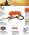50 Foot Vertical Lifeline Kit With Three Strand Rope And Rope Grab And Snap Hooks Shock Absorber For Fall Protection Pro Grade ANSI Compliant Safety Gear For Construction Roofing And Window Cleaning Worksite Ready, showing kit components against a silhouette of a worker.