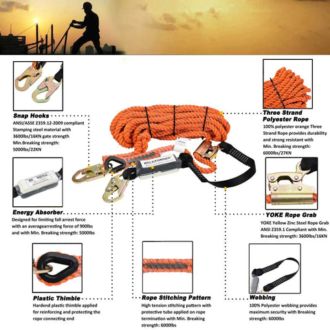50 Foot Vertical Lifeline Kit With Three Strand Rope And Rope Grab And Snap Hooks Shock Absorber For Fall Protection Pro Grade ANSI Compliant Safety Gear For Construction Roofing And Window Cleaning Worksite Ready, showing kit components against a silhouette of a worker.