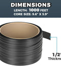 Heavy Duty Polypropylene Pallet Strapping Roll One Thousand Feet Long Half Inch Wide Four Hundred Pound Break Strength Self Dispenser Box with core size dimensions.