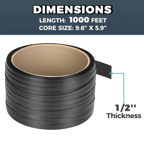 Heavy Duty Polypropylene Pallet Strapping Roll One Thousand Feet Long Half Inch Wide Four Hundred Pound Break Strength Self Dispenser Box with core size dimensions.