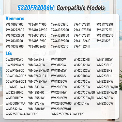 Washer water inlet valve replacement 5220FR2006H/5220FR2075L; compatibility chart for LG and Kenmore models.