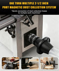 GOOWAY magnetic dust collection fittings kit with black 4-inch and 2.5-inch adapters connected to a shop vacuum hose.