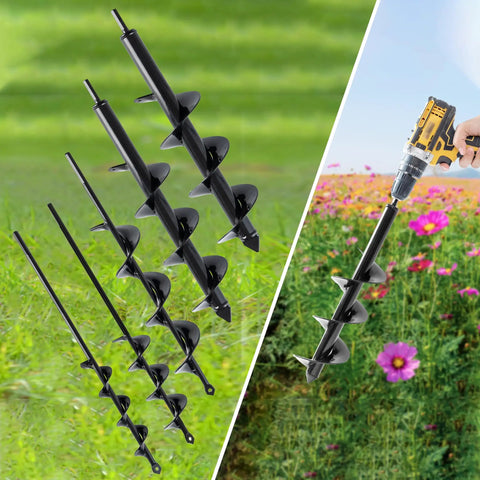 Set Of 5 Garden Auger Drill Bits For Planting With 3/8 Inch Hex Drive in varying sizes shown in garden setting.