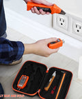 Person using ET310 finder and RT250 tester with Hard Case Storage Box For ET310 AC Circuit Breaker Finder, 80041 Outlet Repair Kit, And RT250 GFCI Receptacle Tester Accessories Case Only on floor.