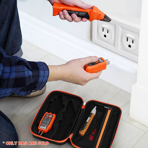 Person using ET310 finder and RT250 tester with Hard Case Storage Box For ET310 AC Circuit Breaker Finder, 80041 Outlet Repair Kit, And RT250 GFCI Receptacle Tester Accessories Case Only on floor.