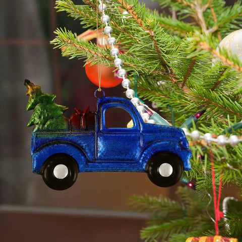Blue Vintage Iron Christmas Truck Ornament For Christmas Tree, Rustic Farmhouse Style Hangable Pendant Decor, Small Vintage Pickup Ornament Hauling A Festive Tree Dope Holiday Decor hanging on a Christmas tree.