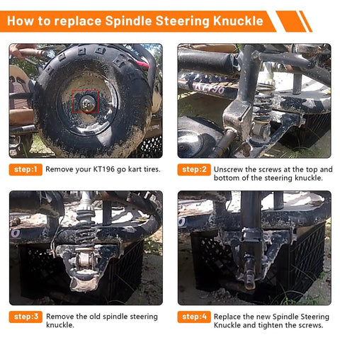 Instruction steps showing replacement of Left And Right Spindle Steering Knuckle With Ball Joint Assembly For CK196T KT196 go karts.