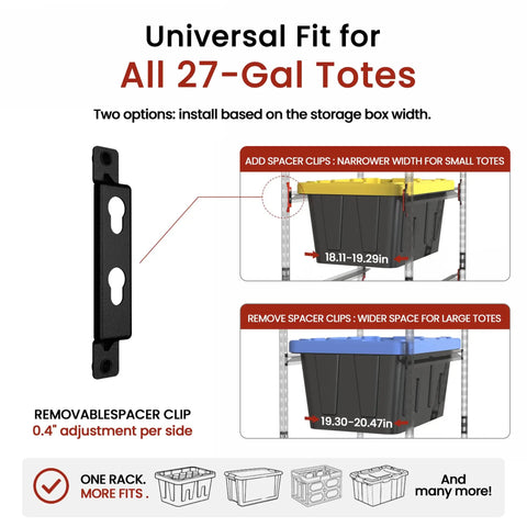 Space-Saving 27 Gallon Tote Bin Rack Organizer, Heavy Duty 5 Tier Storage Shelves with spacer clip for adjustable tote fit