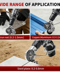 Heavy Duty Metal Nibbler Drill Attachment Double Head Design For Steel Iron Aluminum Copper Fast Precise Cutting Tool showing applications on iron net, copper/aluminum, and steel plate.