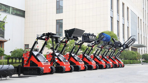 Line of red Mini Skid Steer Loader With Rotary Plow Tiller Attachment 1800lbs Capacity For Small Jobs On Farms Gardens Parks And Public Spaces