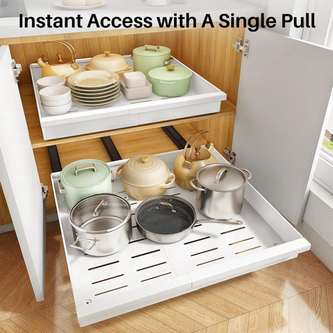 Make Kitchen Storage A Cinch With This Expandable Pull Out Organizer Featuring Full Extension Roll Out Slides And Raised Pads For Framed Units Organize Pots Slick And No Sweat, showcasing diverse metal pots and pans.