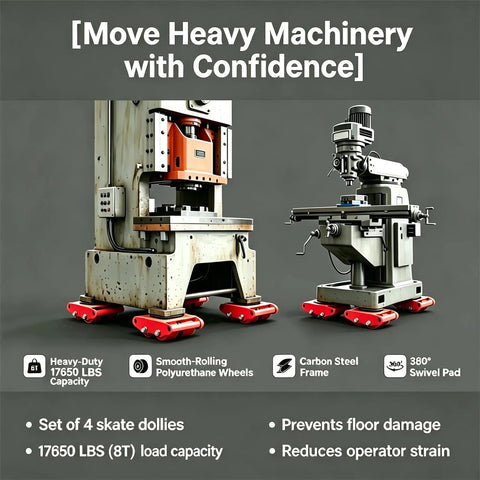 8 Ton 17650 Lb Capacity Machinery Moving Dolly With Roller Skate Wheels and 360 Degree Rotatable PU Rollers under equipment