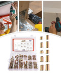 High Performance Threaded Screw Inserts For Wood Featuring Quick Hex Socket Connectors Dead Nuts Secure Furniture Hardware No Stress Diy Build Supplies installed with drill in action.