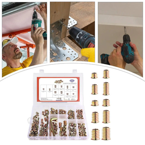 High Performance Threaded Screw Inserts For Wood Featuring Quick Hex Socket Connectors Dead Nuts Secure Furniture Hardware No Stress Diy Build Supplies installed with drill in action.