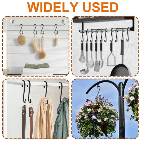 10 Pack 6 Inch Heavy Duty Vinyl Coated S Hooks Non Slip Black used for hanging kitchen tools, coats, and plants.