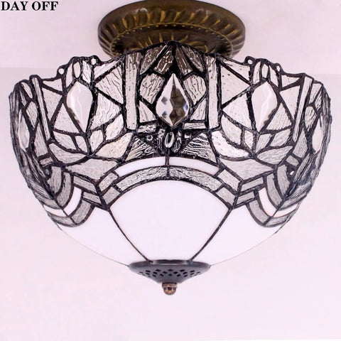 Crystal Bead Tiffany Style Glam Ceiling Light Fixture White Stained Glass Semi Flush Mount Lamp 12 Inch Wide 11 Inch High