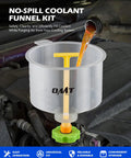 Slick No Mess Coolant Funnel Kit 17 Piece Leakproof Radiator Bleeder Tool Universal Fit being used to fill coolant without spills.