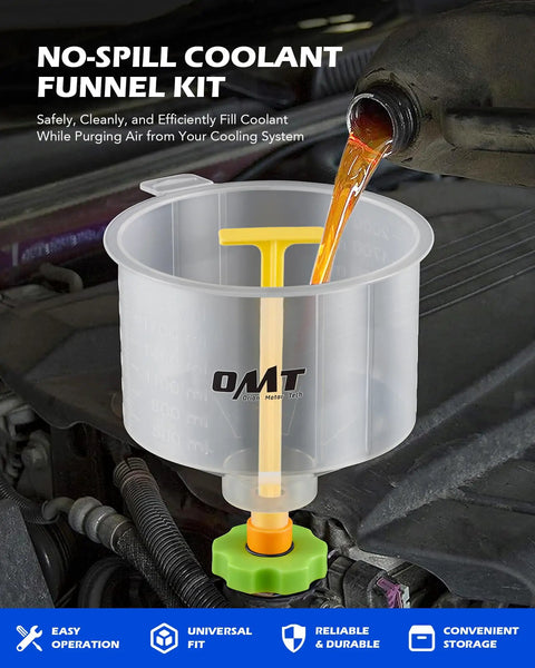 Slick No Mess Coolant Funnel Kit 17 Piece Leakproof Radiator Bleeder Tool Universal Fit being used to fill coolant without spills.