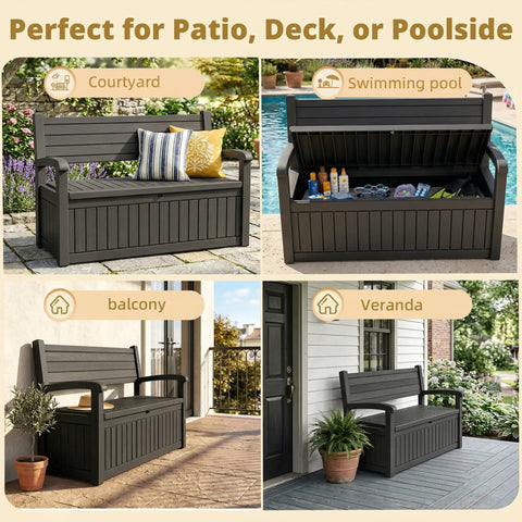 Built Tough Outdoor Storage Bench with 80 Gallon Lockable Waterproof Storage Chest, shown on patio, poolside, balcony, and veranda.