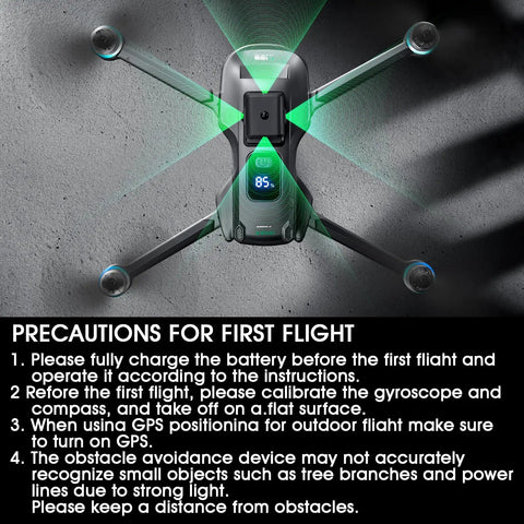 Top view of 4K GPS Camera Drone With Obstacle Avoidance, showing propellers and LED lights, includes first flight precautions.