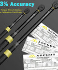Five Piece Torque Wrench Set With Quarter, Three Eighths, And Half Inch Drives For Bike Auto And Motorcycle, shown with certificates