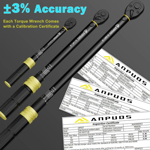 Five Piece Torque Wrench Set With Quarter, Three Eighths, And Half Inch Drives For Bike Auto And Motorcycle, shown with certificates
